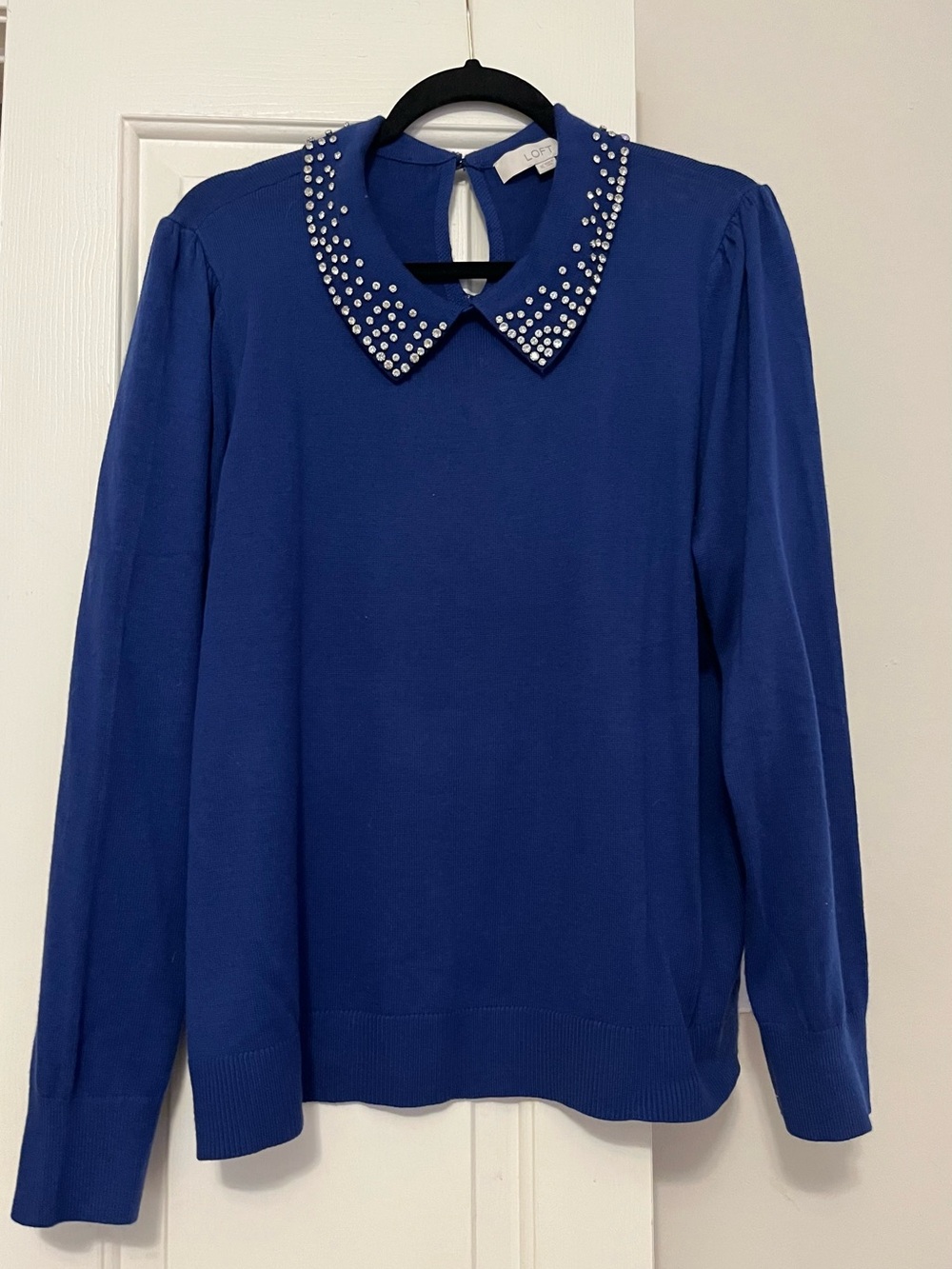 LOFT Royal Blue Jeweled Peter Pan Collar Sweater in XL.